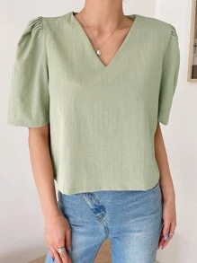 DAZY Solid Puff Sleeve Blouse - Green - View 8