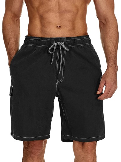Surfspeed Men Top-Stitching Drawstring Waist Swim Trunks, Men Cargo Swim Trunk, Shorts For Men Beach