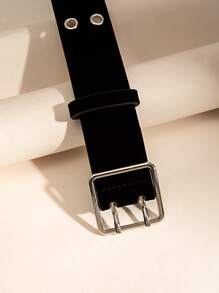 Eyelet Decor Square Buckle Belt - Black - View 3