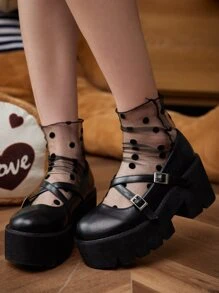 ROMWE Academia Retro Polka Dot Crew Socks - Black - View 4