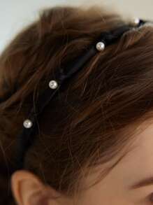 ROMWE Retro Faux Pearl Decor Headband Elegant - Black and White - View 3