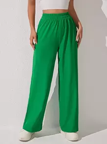 SHEIN PETITE 素色闊腿褲 - 綠色 - 查看 1