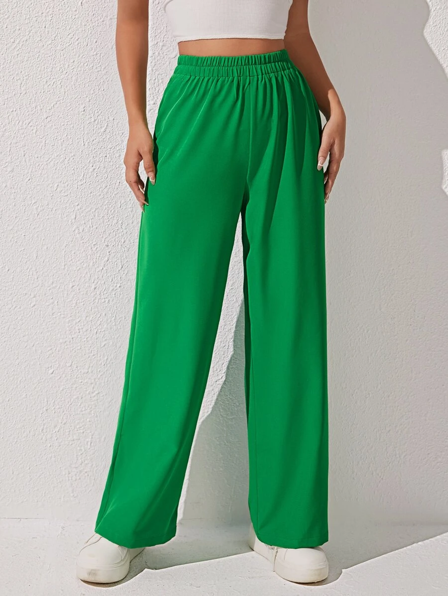 SHEIN PETITE 素色闊腿褲 - 綠色 - 查看 1
