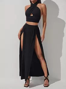 SHEIN PETITE Crisscross Backless Halter Top & Split Thigh Skirt - Black - View 1