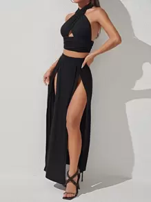 SHEIN PETITE Crisscross Backless Halter Top & Split Thigh Skirt - Black - View 5