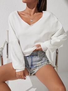 SHEIN PETITE Solid Drop Shoulder Sweatshirt In Fall/Winter - White - View 5