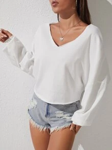 SHEIN PETITE Solid Drop Shoulder Sweatshirt In Fall/Winter - White - View 6