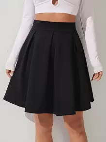 SHEIN PETITE High Waist Solid Pleated Black Skirt - Black - View 1