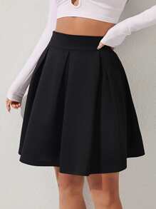 SHEIN PETITE High Waist Solid Pleated Black Skirt - Black - View 3
