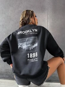 SHEIN Unity 标语和手印保暖衬里运动衫布鲁克林布鲁克林的每一天都让人怀念 1898 年纽约州的回忆，长袖上衣