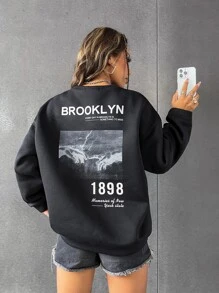 SHEIN Unity 标语和手印保暖衬里运动衫布鲁克林布鲁克林的每一天都让人怀念 1898 年纽约州的回忆，长袖上衣