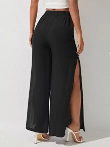 SHEIN PETITE Split Thigh Wide Leg Trousers - Black - View 2