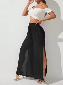SHEIN PETITE Split Thigh Wide Leg Trousers - Black - View 5