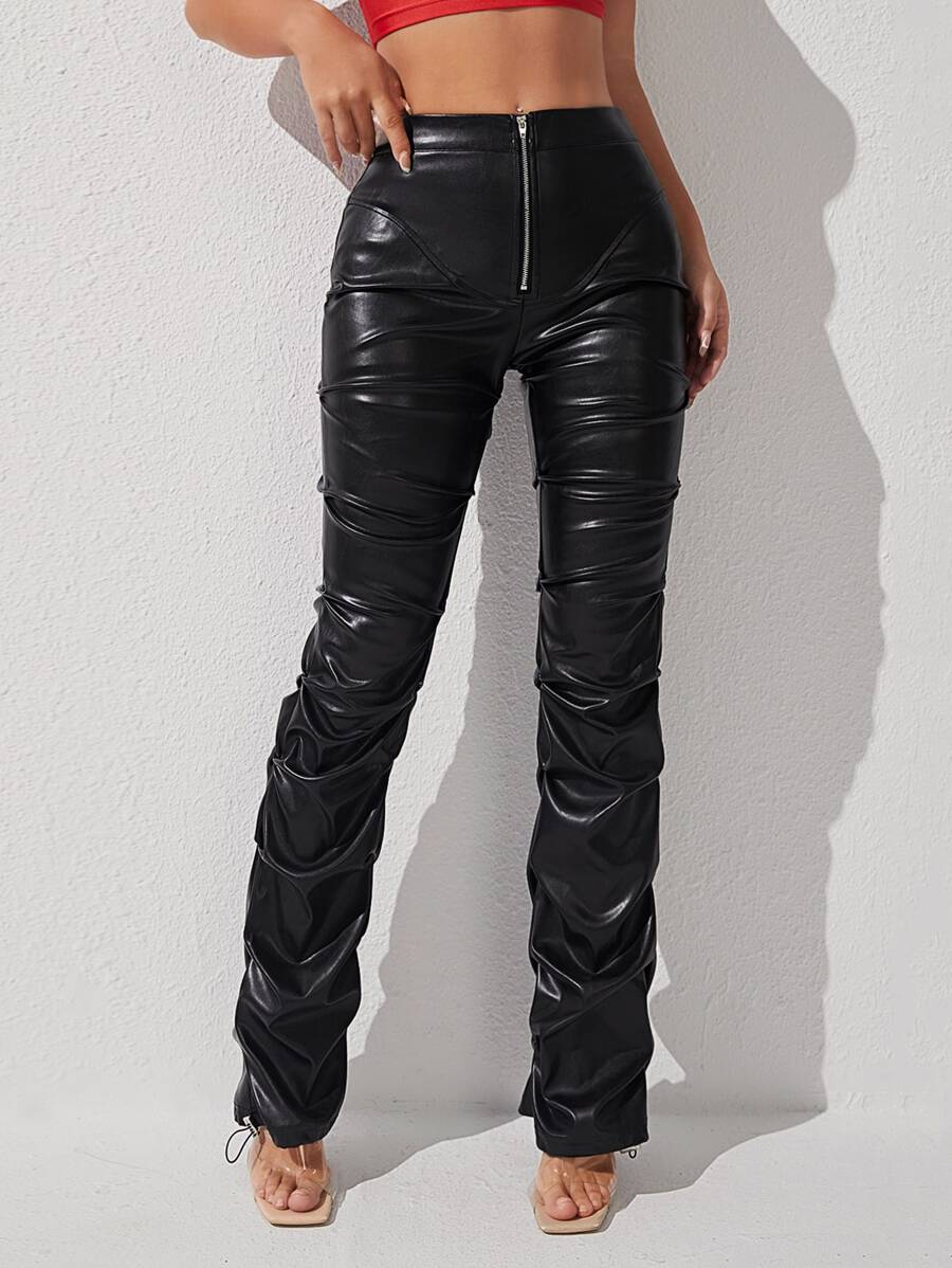 SHEIN PETITE Zip Front PU Leather Trousers - Black - View 1
