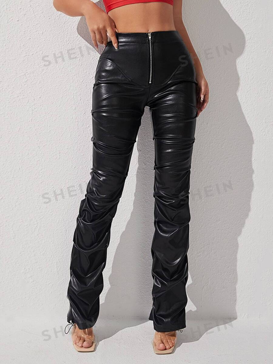 SHEIN SHEIN PETITE Zip Front PU Leather Going Out Black Pants SHEIN USA