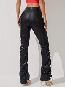 SHEIN PETITE Zip Front PU Leather Trousers - Black - View 2