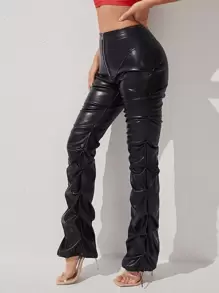 SHEIN PETITE Zip Front PU Leather Trousers - Black - View 4