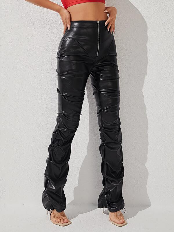 SHEIN PETITE Zip Front PU Leather Pants SHEIN USA