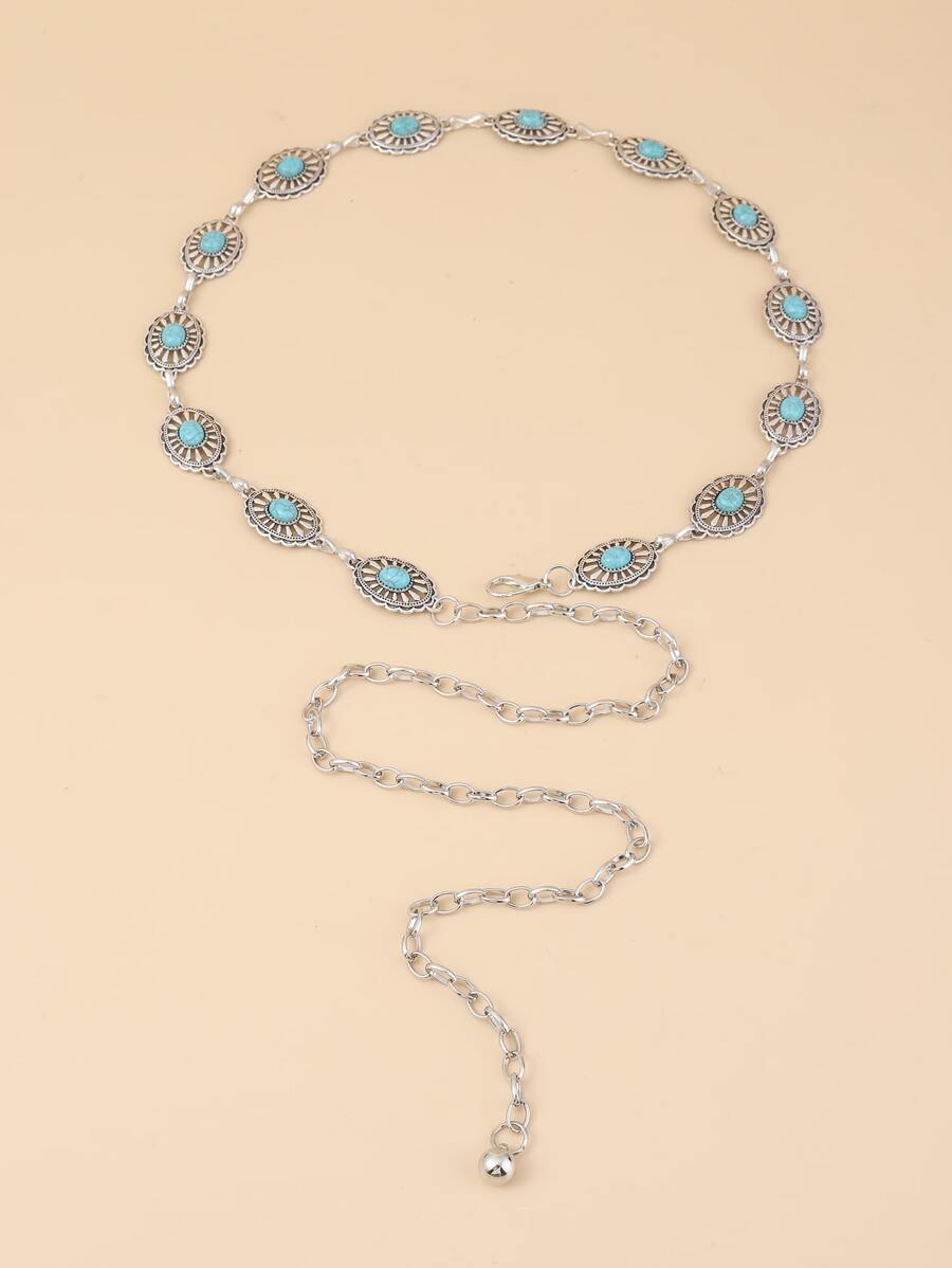 1pc Women Turquoise & Oval Decor Chain Belt