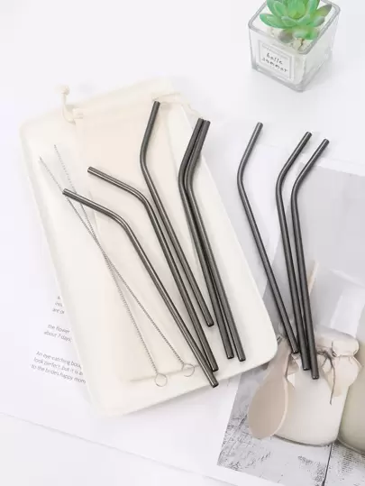 8 st sugrör i rostfritt stål och 2 st rengöringsborstar och 1 st förvaringspåse, kök, julklapp, skolmaterial