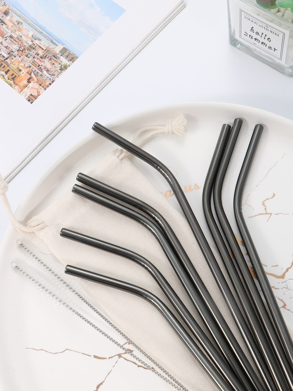 Gaazky 8pcs Stainless Steel Straw & 2pcs Cleaning Brush & 1pc Storage Bag Set,Kitchen,Christmas Gift,School Supplies