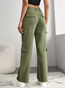SHEIN Tall Single Button Flap Pocket Cargo Jeans - Army Green - View 2