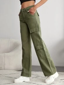 SHEIN Tall Single Button Flap Pocket Cargo Jeans - Army Green - View 4