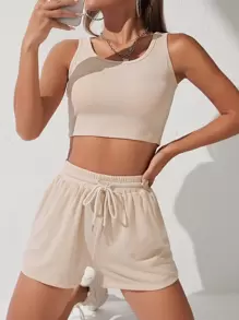 SHEIN PETITE Bộ đồ hai mảnh nữ Dây kéo Gân đan màu trơn Giải trí - Màu be - Xem 1