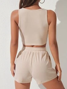 SHEIN PETITE Bộ đồ hai mảnh nữ Dây kéo Gân đan màu trơn Giải trí - Màu be - Xem 2