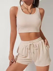 SHEIN PETITE Bộ đồ hai mảnh nữ Dây kéo Gân đan màu trơn Giải trí - Màu be - Xem 3