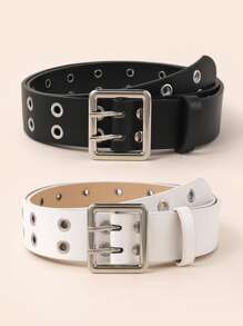 2pcs/Set Double Pin Square Buckle Belt, Fashionable & Versatile Accessory Halloween Summer, School Fall, Autumn, Halloween - Black and White - View 2