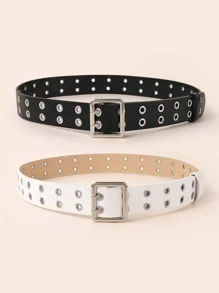 2pcs/Set Double Pin Square Buckle Belt, Fashionable & Versatile Accessory Halloween Summer, School Fall, Autumn, Halloween - Black and White - View 3