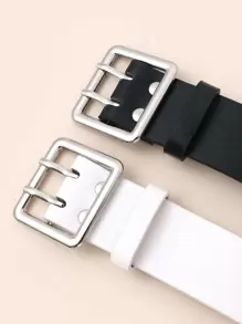 2pcs/Set Double Pin Square Buckle Belt, Fashionable & Versatile Accessory Halloween Summer, School Fall, Autumn, Halloween - Black and White - View 4