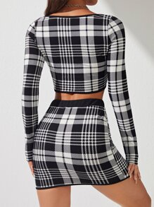SHEIN PETITE Bộ đồ hai mảnh nữ Tương phản ràng buộc Sọc ca rô Giải trí - Đen và trắng - Xem 2