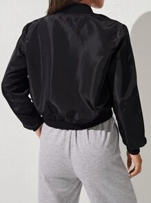 SHEIN PETITE Solid Zip Up Bomber Jacket In Fall/Winter - Black - View 2