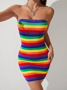 SHEIN PETITE Rainbow Striped Tube Bodycon Dress - Multicolor - View 1