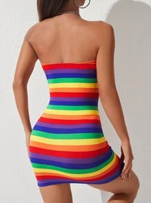 SHEIN PETITE Rainbow Striped Tube Bodycon Dress - Multicolor - View 2
