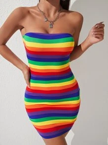 SHEIN PETITE Rainbow Striped Tube Bodycon Dress - Multicolor - View 4