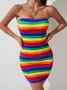 SHEIN PETITE Rainbow Striped Tube Bodycon Dress - Multicolor - View 5