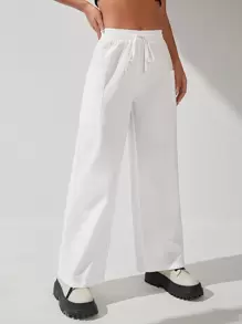 SHEIN PETITE 素色腰部抽繩闊腿褲 - 白色 - 查看 3