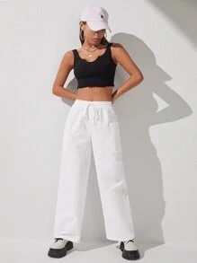 SHEIN PETITE 素色腰部抽繩闊腿褲 - 白色 - 查看 4