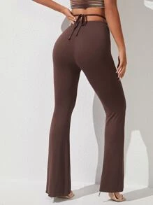 SHEIN PETITE Pantalones De Primavera Con Cintura Alta, Pierna Acampanada Y Plisados - Café integral - Ver 2