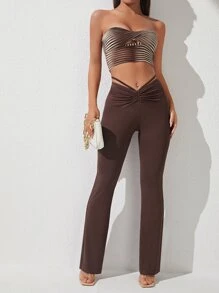 SHEIN PETITE Pantalones De Primavera Con Cintura Alta, Pierna Acampanada Y Plisados - Café integral - Ver 3