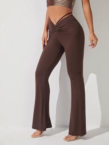 SHEIN PETITE Pantalones De Primavera Con Cintura Alta, Pierna Acampanada Y Plisados - Café integral - Ver 4