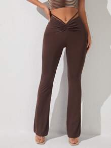 SHEIN PETITE Pantalones De Primavera Con Cintura Alta, Pierna Acampanada Y Plisados - Café integral - Ver 5