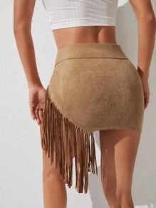 SHEIN PETITE Fringe Trim Skirt - Camel - View 2
