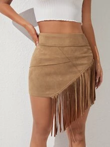 SHEIN PETITE Fringe Trim Skirt - Camel - View 5