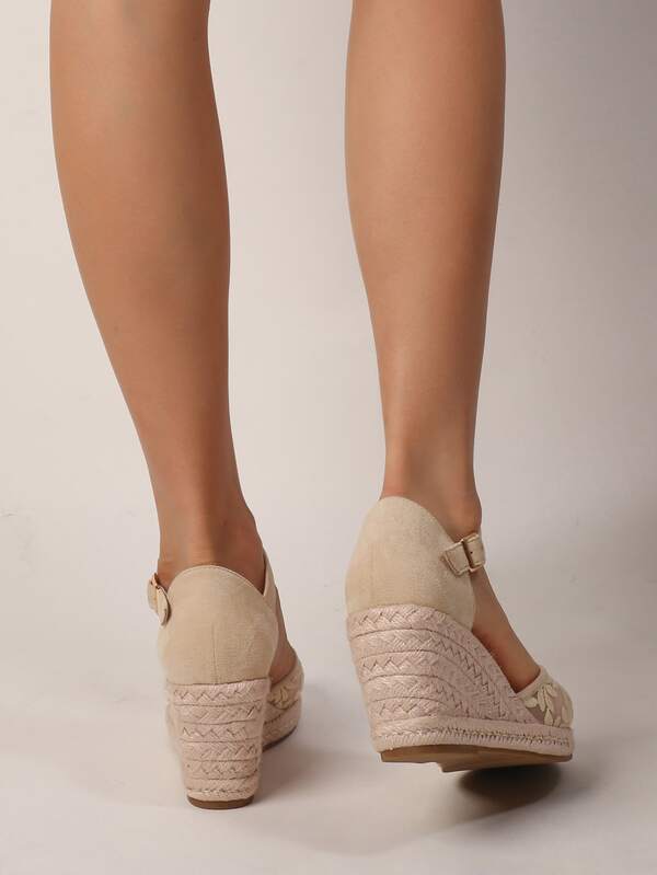 Floral Lace Espadrille Ankle Strap Wedge Sandals, Rope Sole Apricot