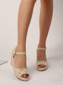 Floral Lace Espadrille Ankle Strap Wedge Sandals, Rope Sole Apricot Gladiator Sandals For Women With Ankle Strap, Wedge Heel - Apricot - View 4