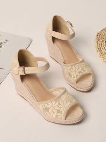 Floral Lace Espadrille Ankle Strap Wedge Sandals, Rope Sole Apricot Gladiator Sandals For Women With Ankle Strap, Wedge Heel - Apricot - View 5